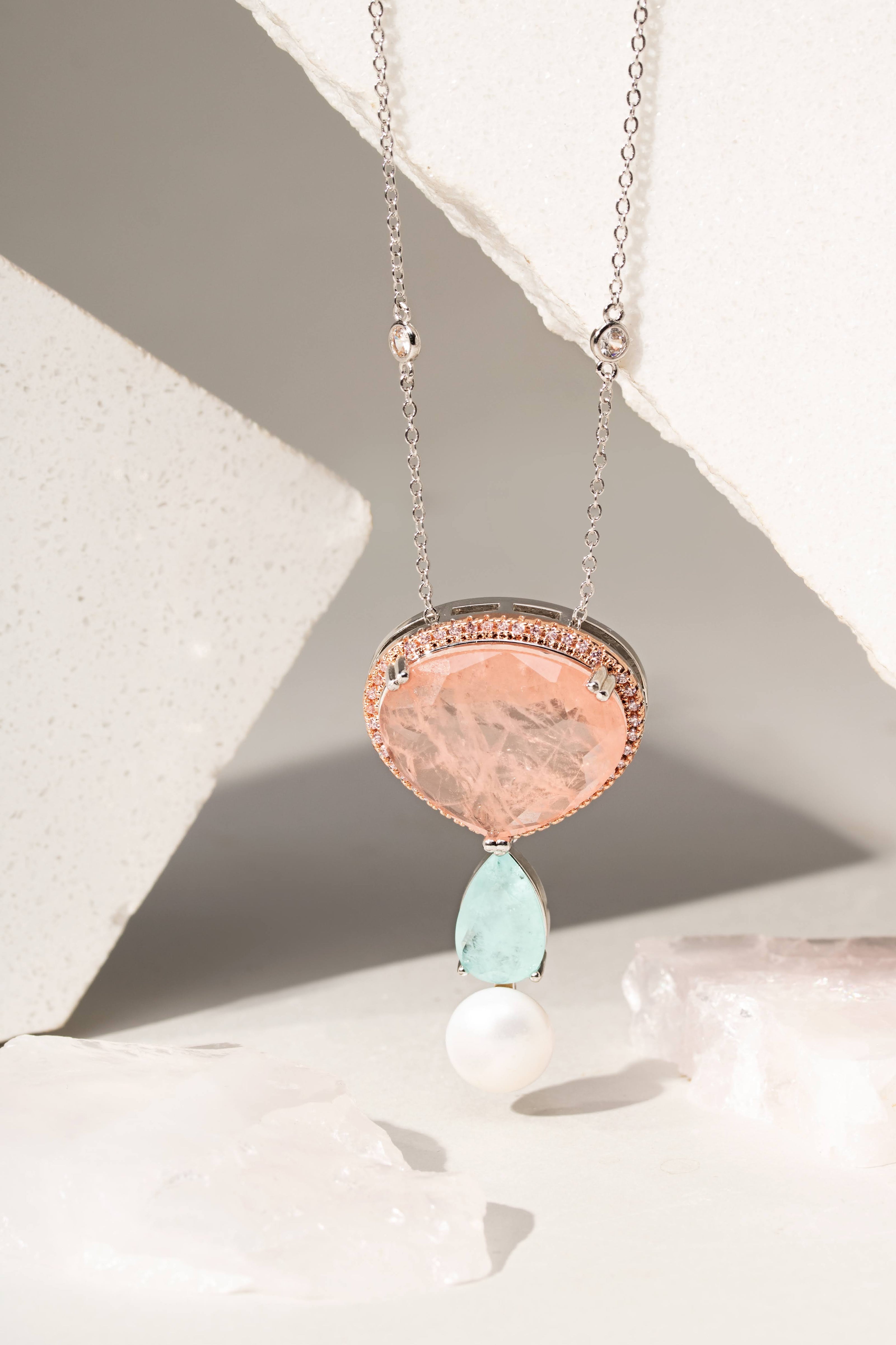 Colar de Fusion Morganita Rosa, Turmalina Azul e Pérola