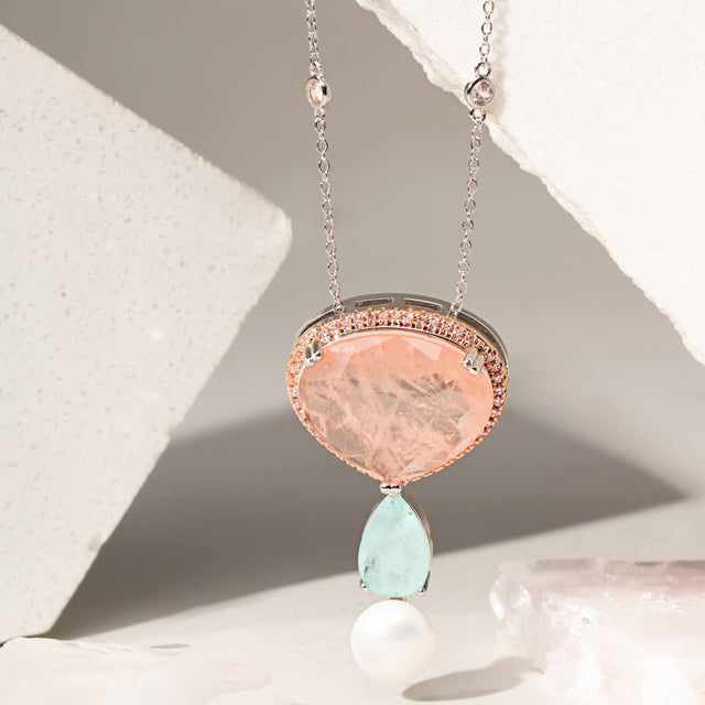 Colar de Fusion Morganita Rosa, Turmalina Azul e Pérola