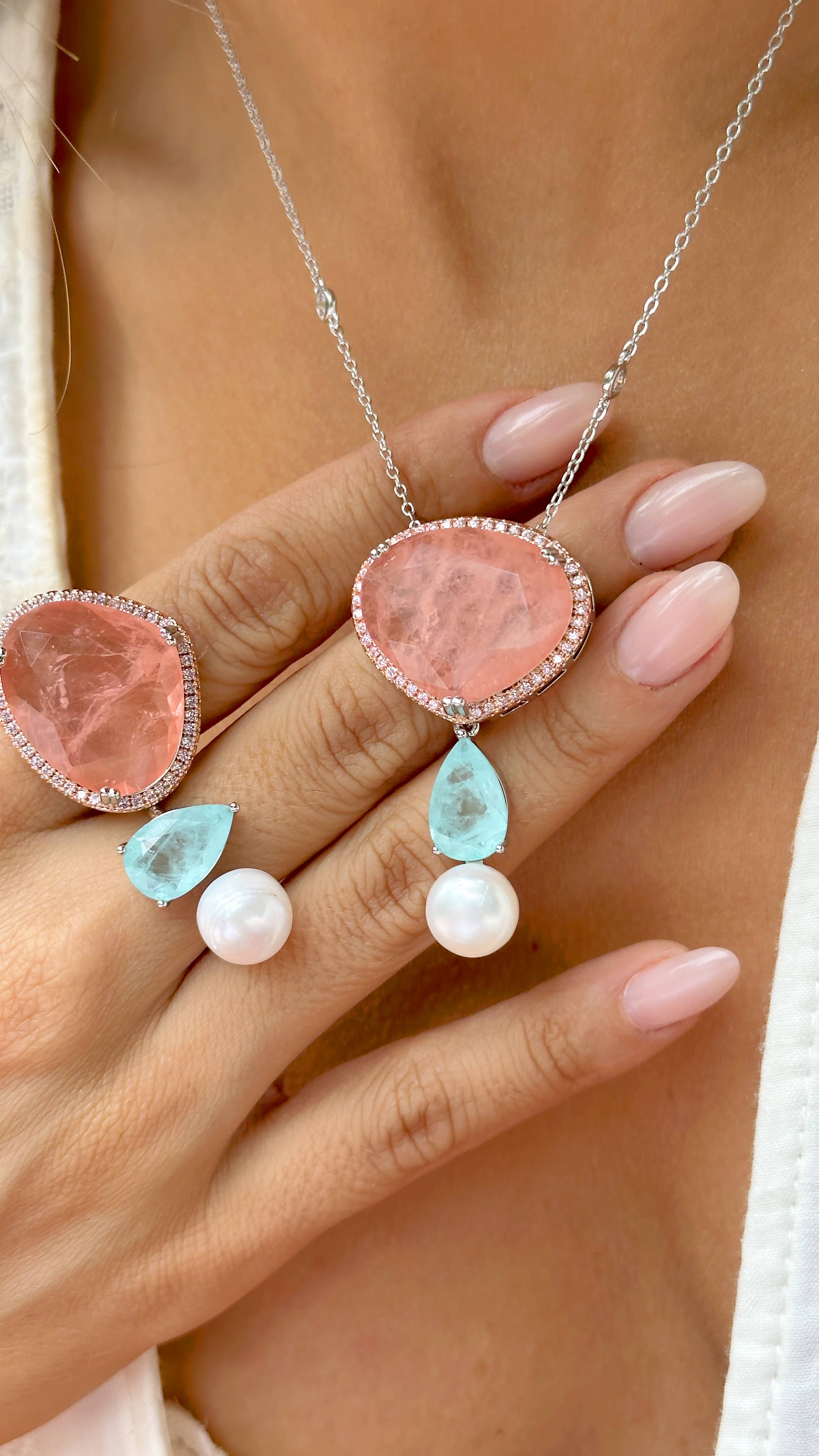 Colar de Fusion Morganita Rosa, Turmalina Azul e Pérola