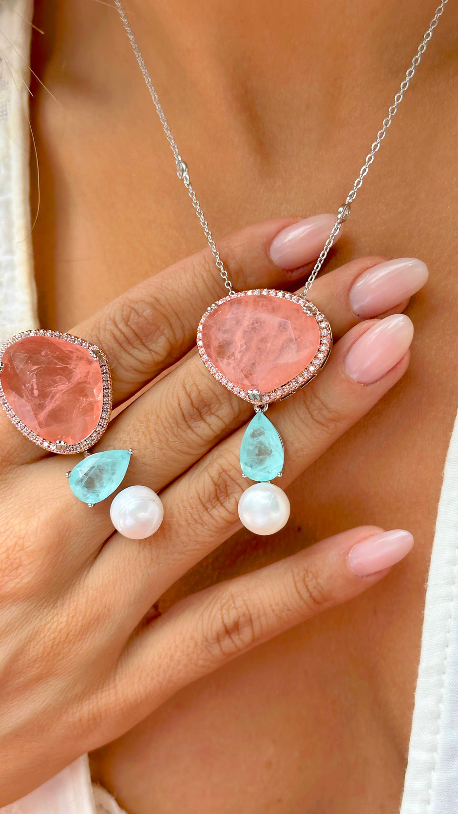 Colar de Fusion Morganita Rosa, Turmalina Azul e Pérola