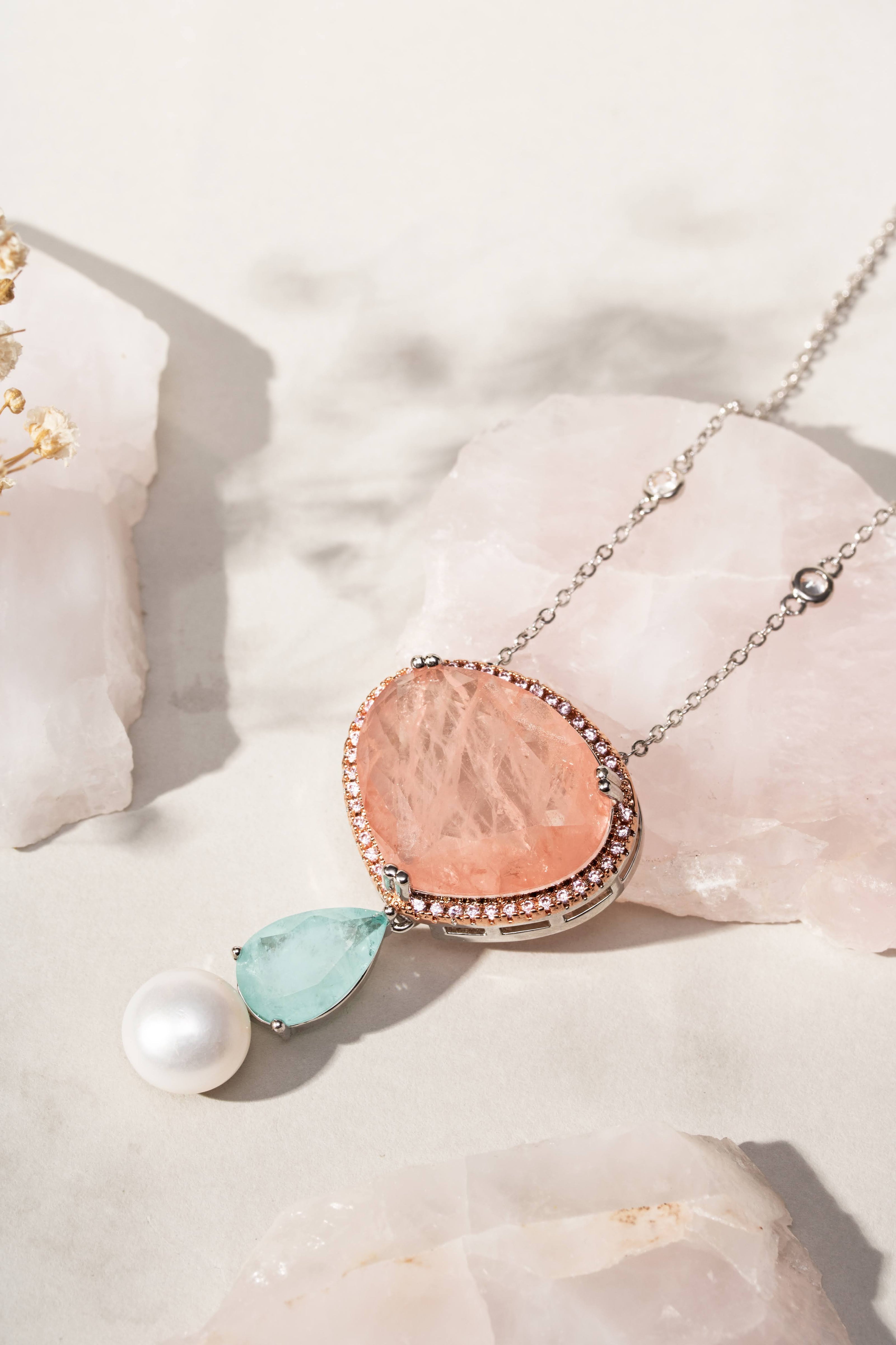 Colar de Fusion Morganita Rosa, Turmalina Azul e Pérola